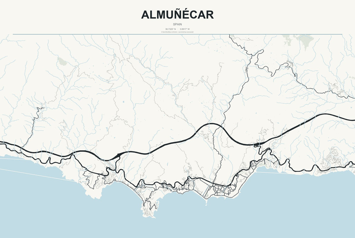Almuñécar, Spain City Map Aluminum Sign in Headline Atlas style