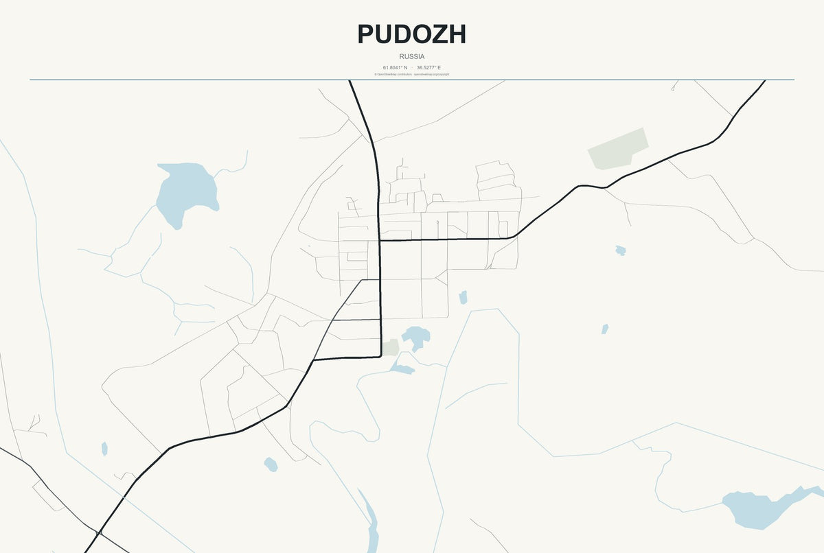 Pudozh, Russia City Map Aluminum Sign in Headline Atlas style