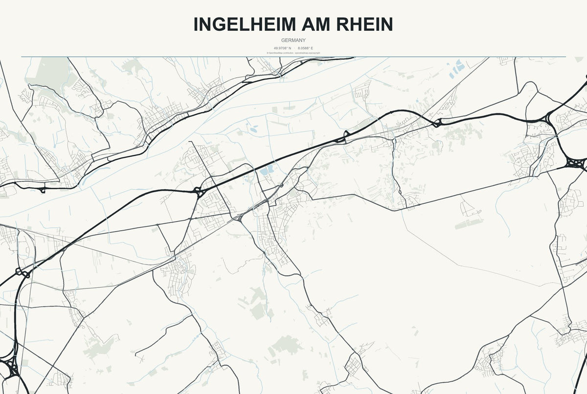 Ingelheim am Rhein, Germany City Map Aluminum Sign in Headline Atlas style