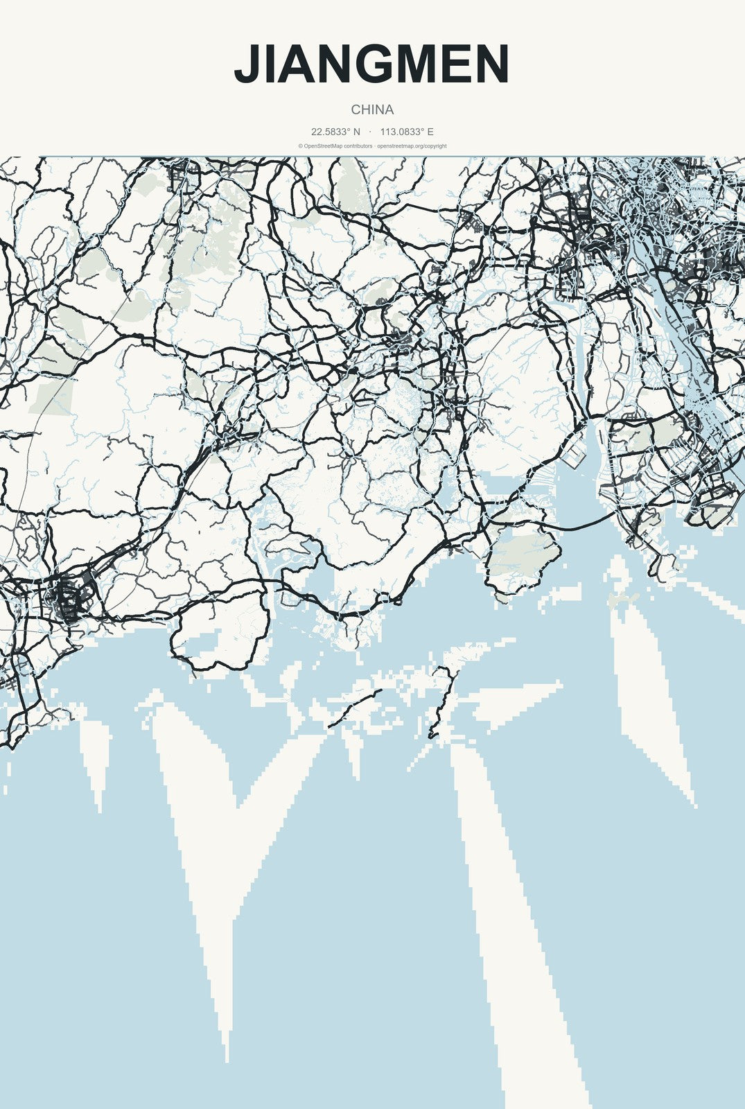 Jiangmen, China City Map Aluminum Sign in Headline Atlas style