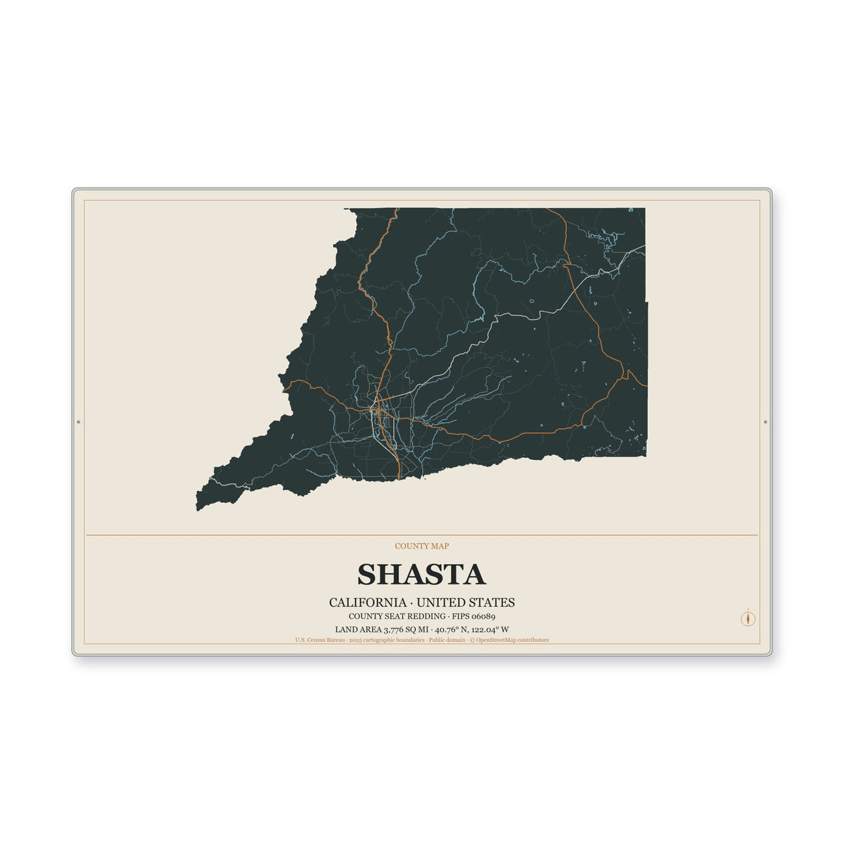 Shasta County, California Map Aluminum Sign in Headline Atlas style