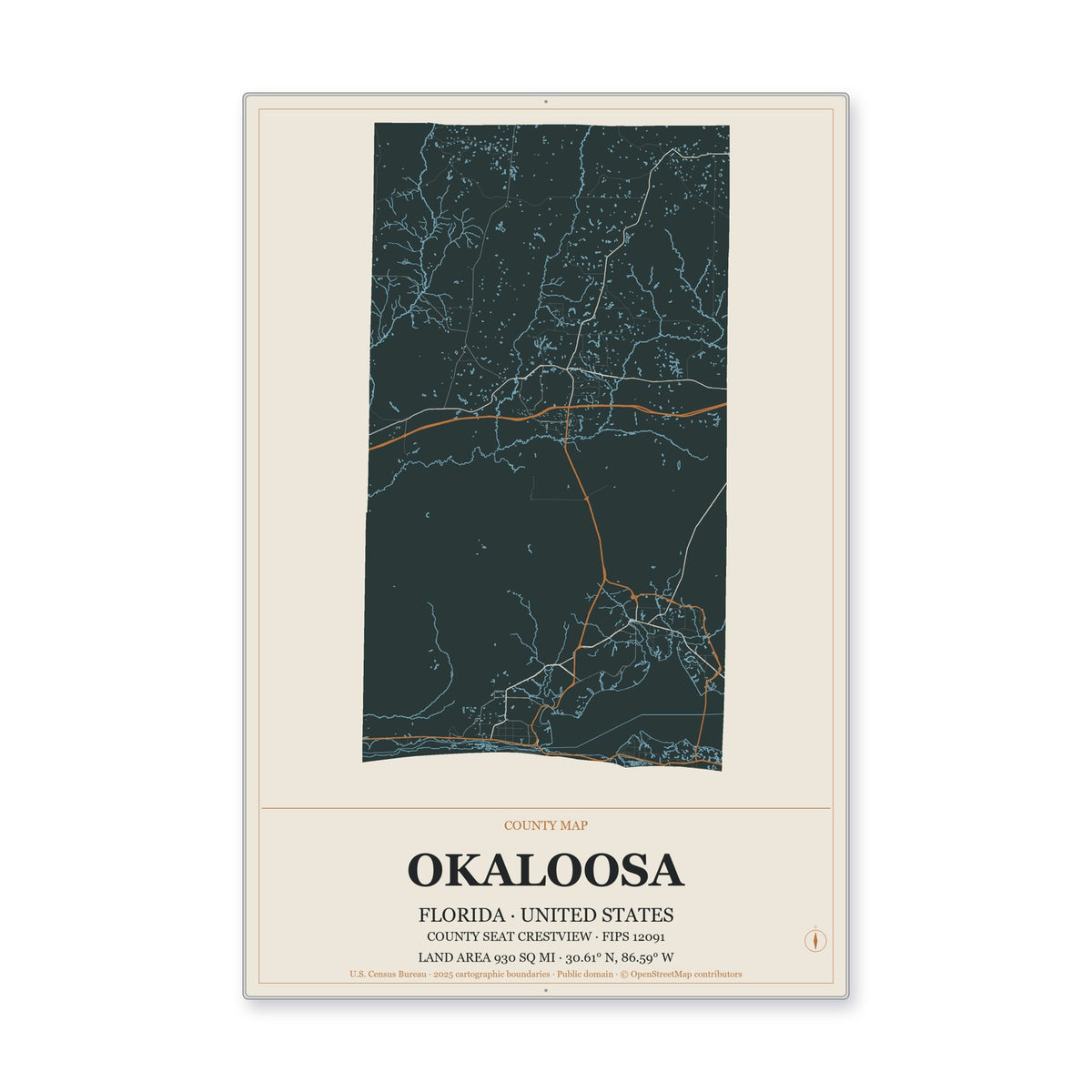 Okaloosa County, Florida Map Aluminum Sign in Headline Atlas style