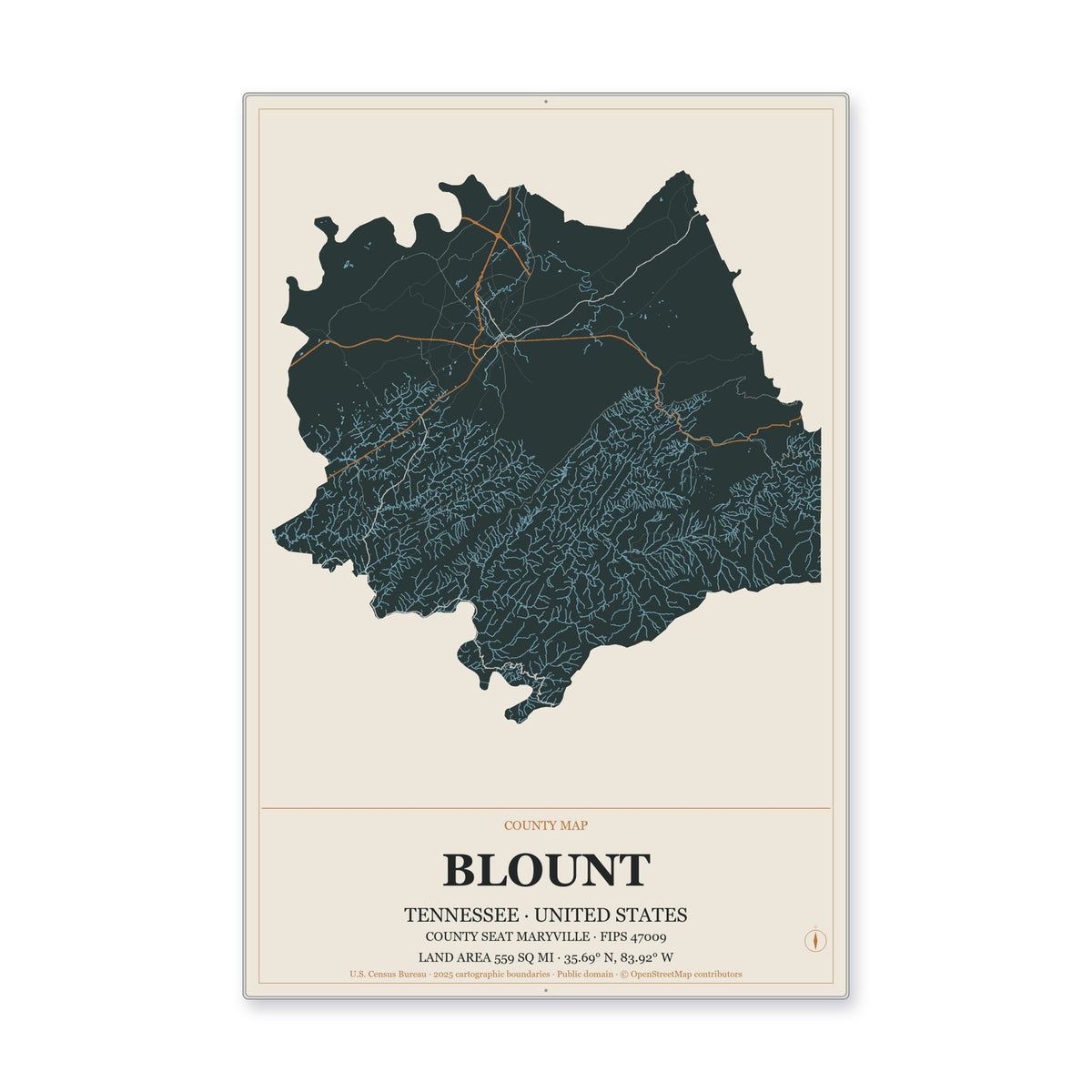 Blount County, Tennessee Map Aluminum Sign in Headline Atlas style