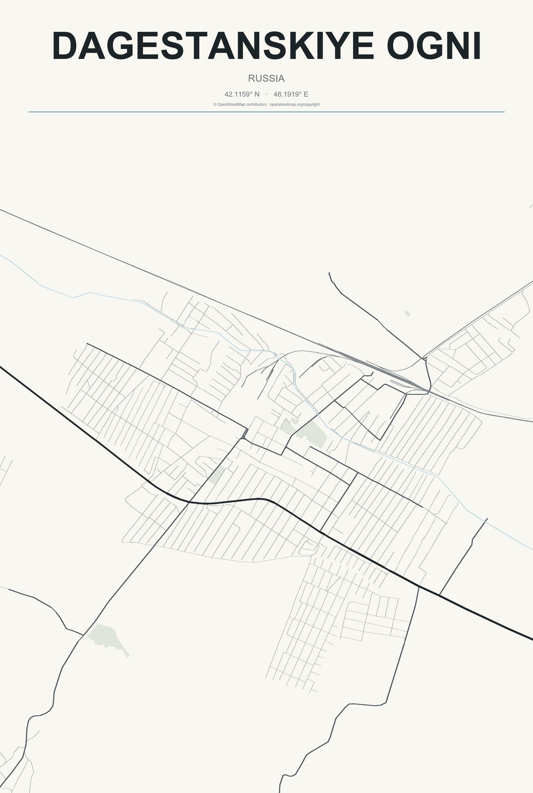 Dagestanskiye Ogni, Russia City Map Aluminum Sign in Headline Atlas style