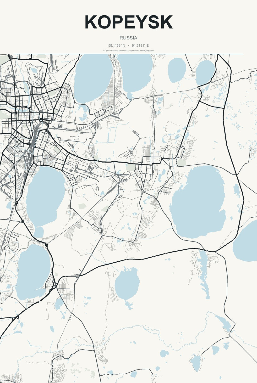 Kopeysk, Russia City Map Aluminum Sign in Headline Atlas style