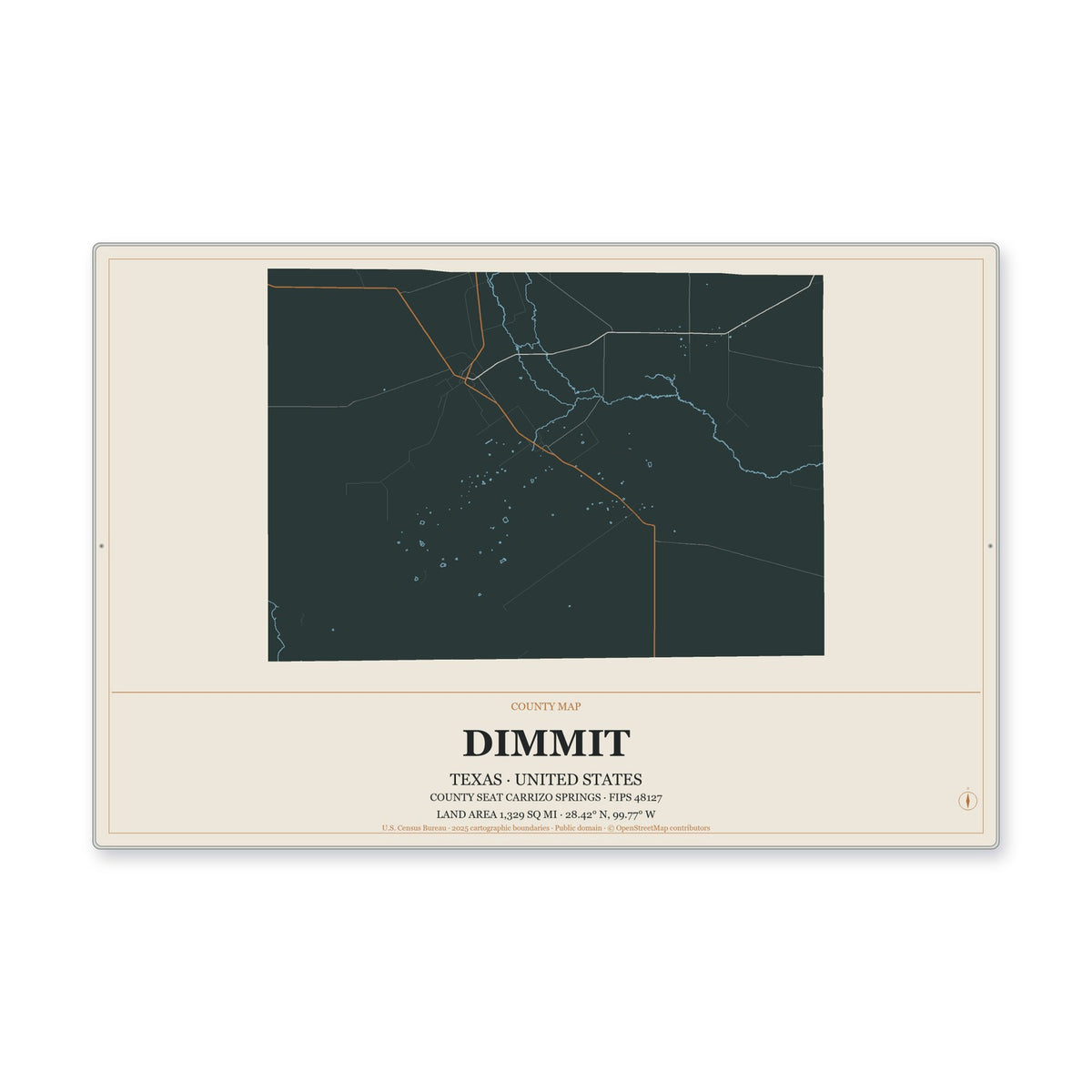 Dimmit County, Texas Map Aluminum Sign in Headline Atlas style