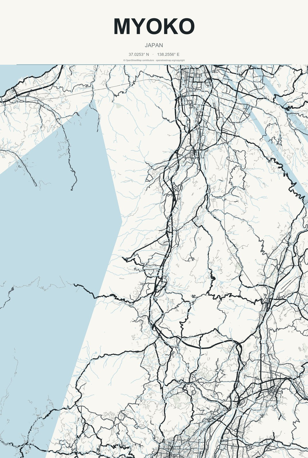 Myoko, Japan City Map Aluminum Sign in Headline Atlas style