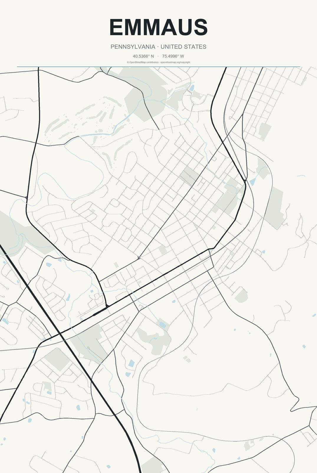 Emmaus, Pennsylvania City Map Aluminum Sign in Headline Atlas style