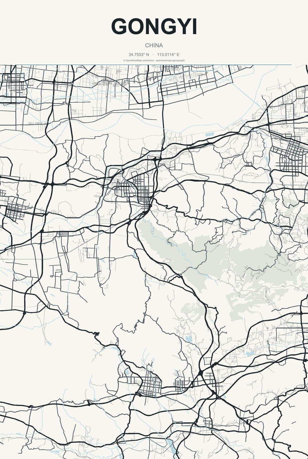 Gongyi, China City Map Aluminum Sign in Headline Atlas style