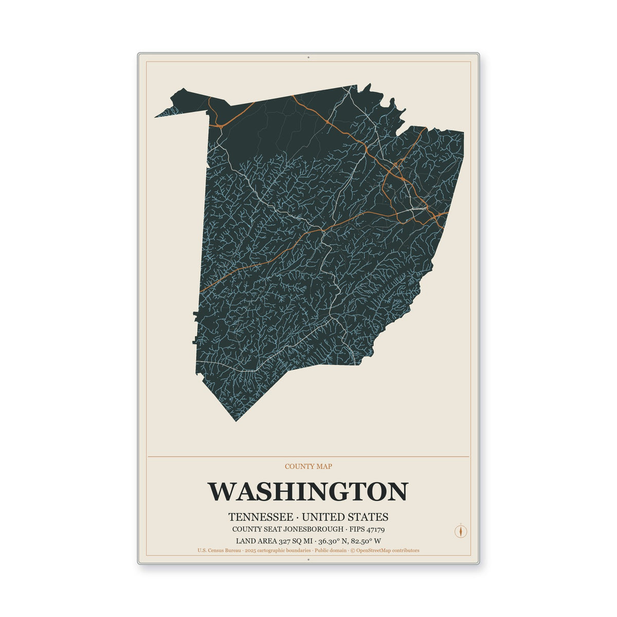 Washington County, Tennessee Map Aluminum Sign in Headline Atlas style