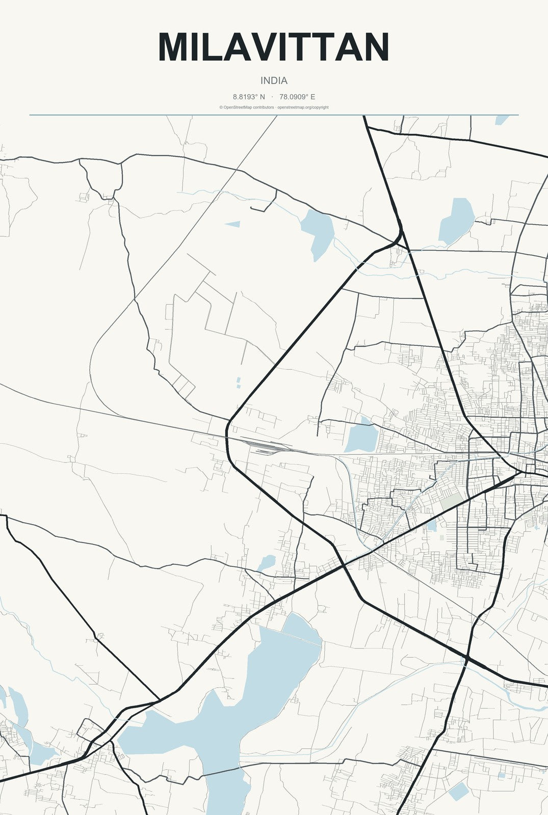Milavittan, India City Map Aluminum Sign in Headline Atlas style