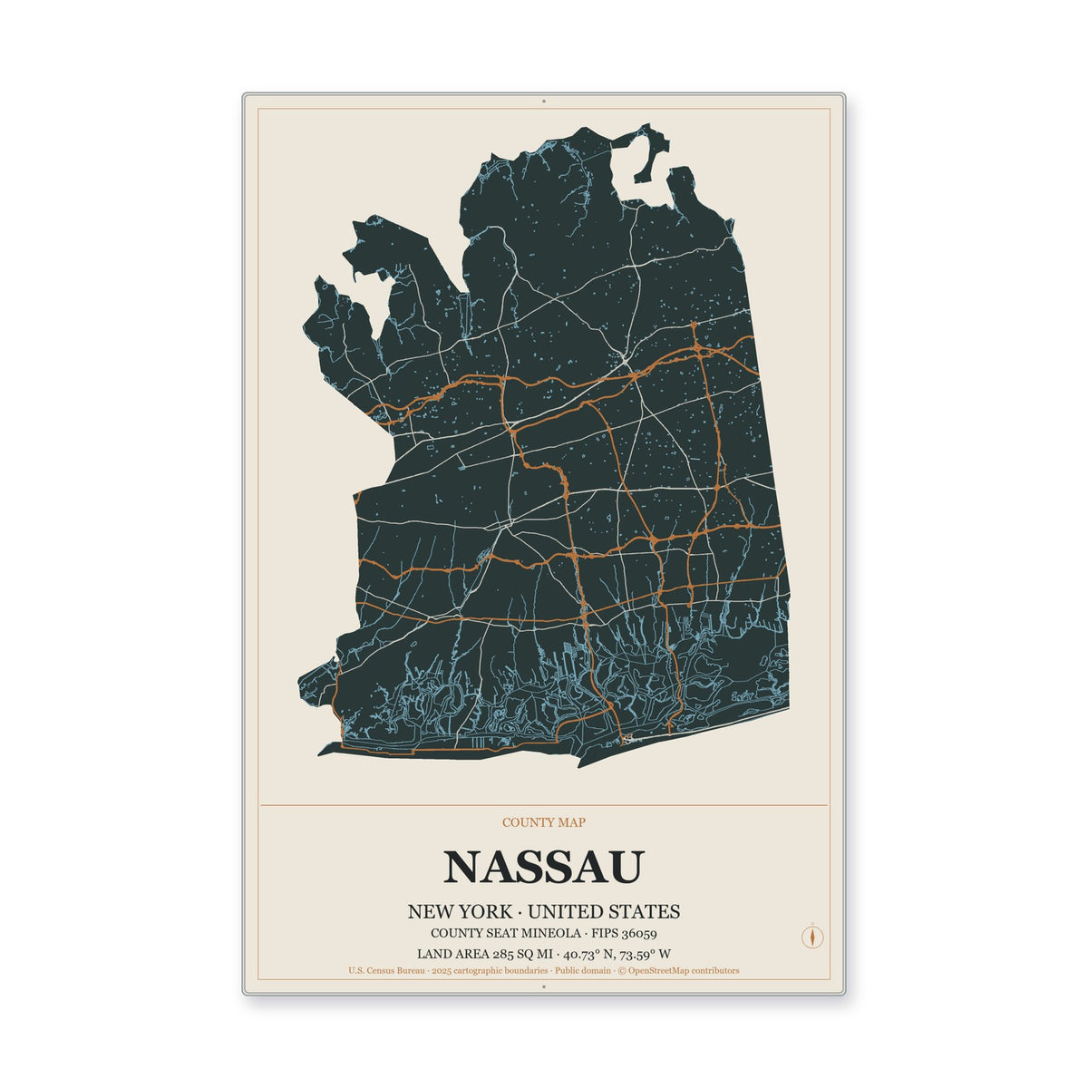 Nassau County, New York Map Aluminum Sign in Headline Atlas style