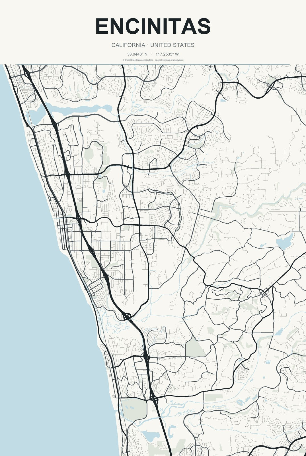 Encinitas, California City Map Aluminum Sign in Headline Atlas style