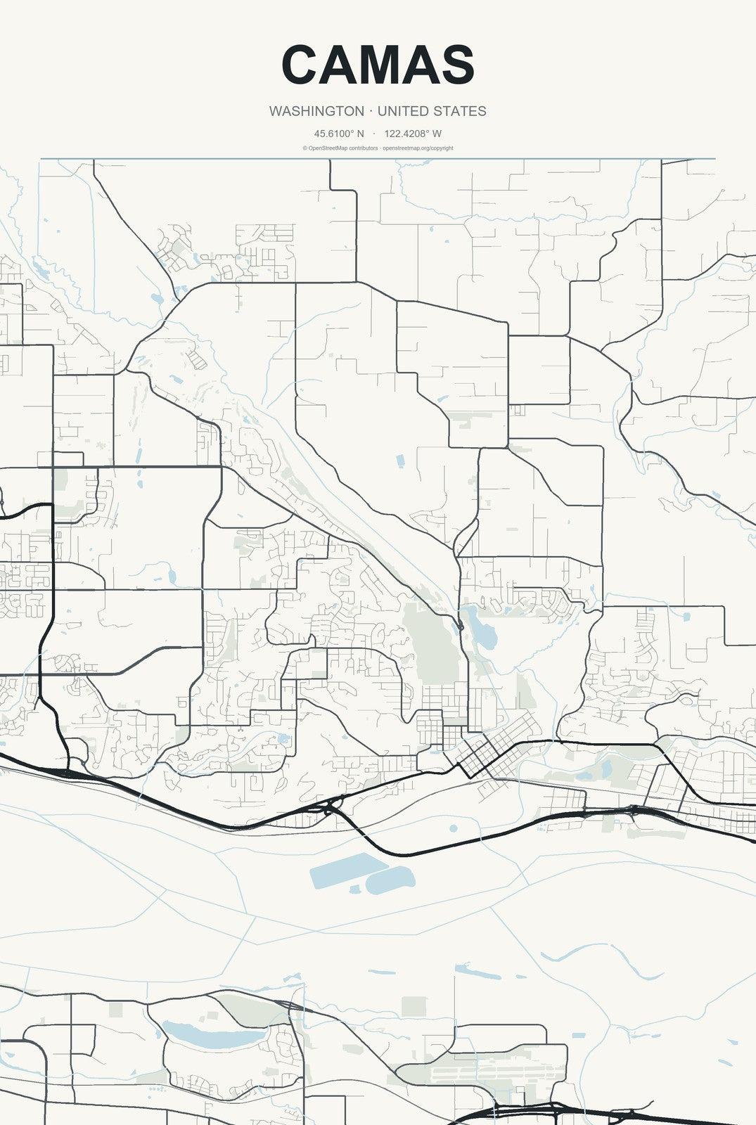 Camas, Washington City Map Aluminum Sign in Headline Atlas style