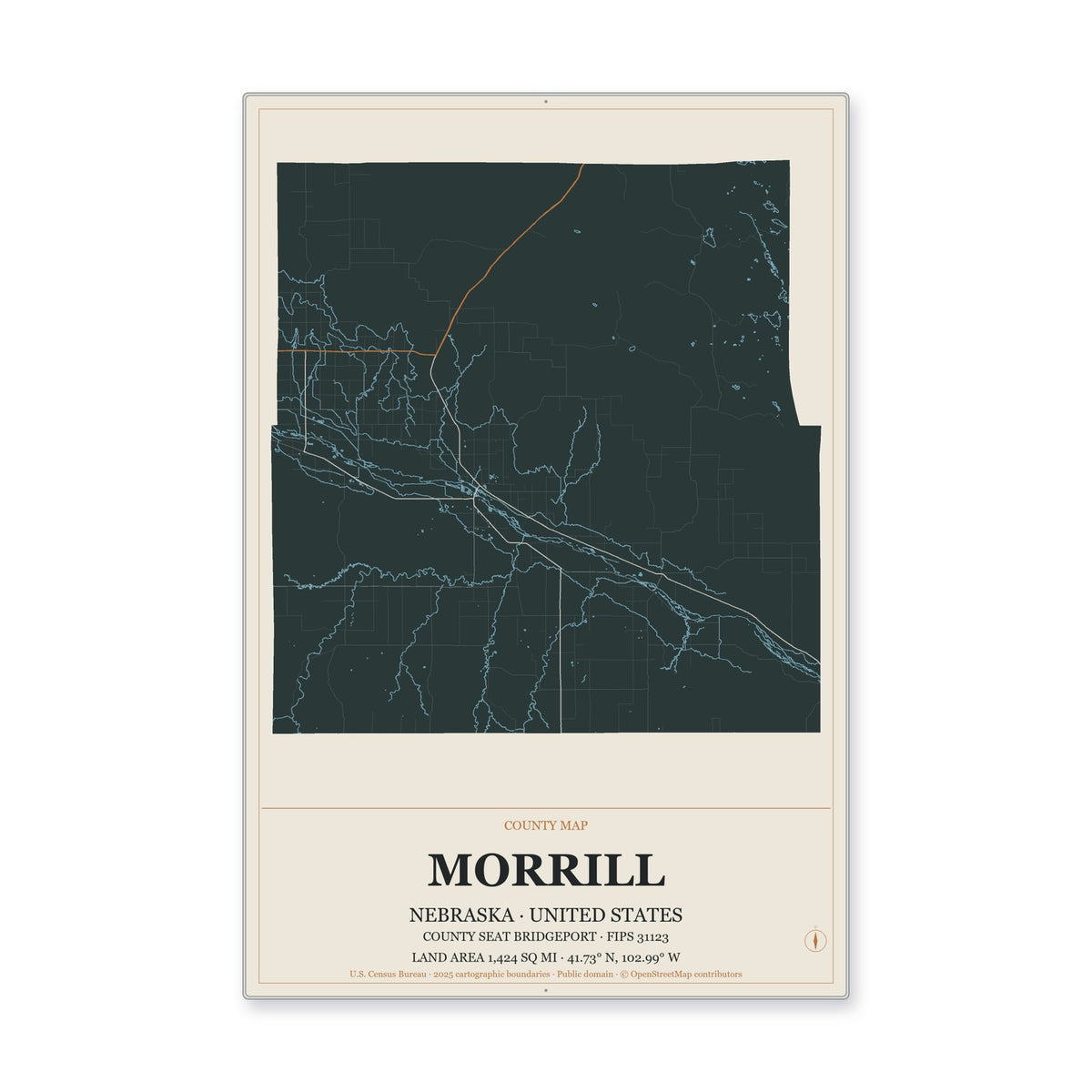 Morrill County, Nebraska Map Aluminum Sign in Headline Atlas style