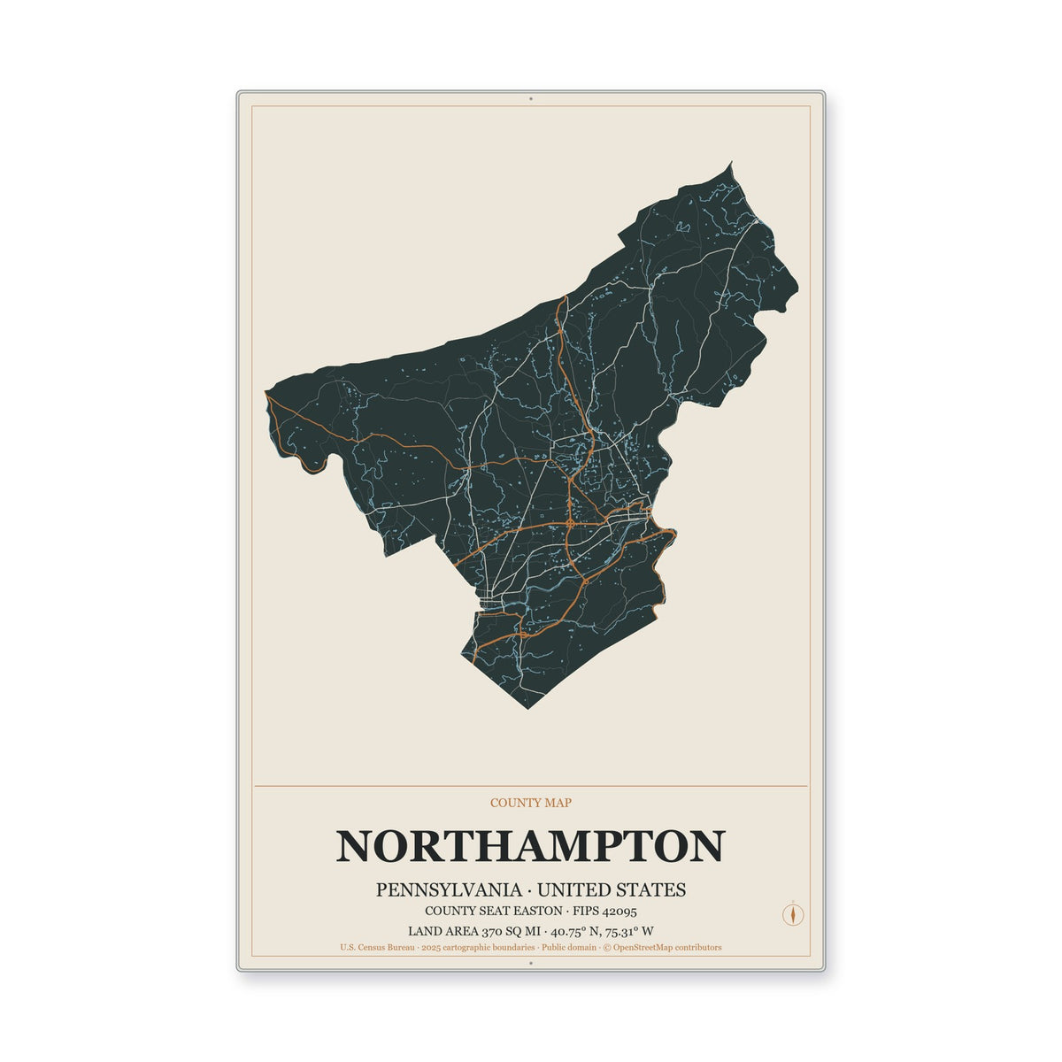 Northampton County, Pennsylvania Map Aluminum Sign in Headline Atlas style