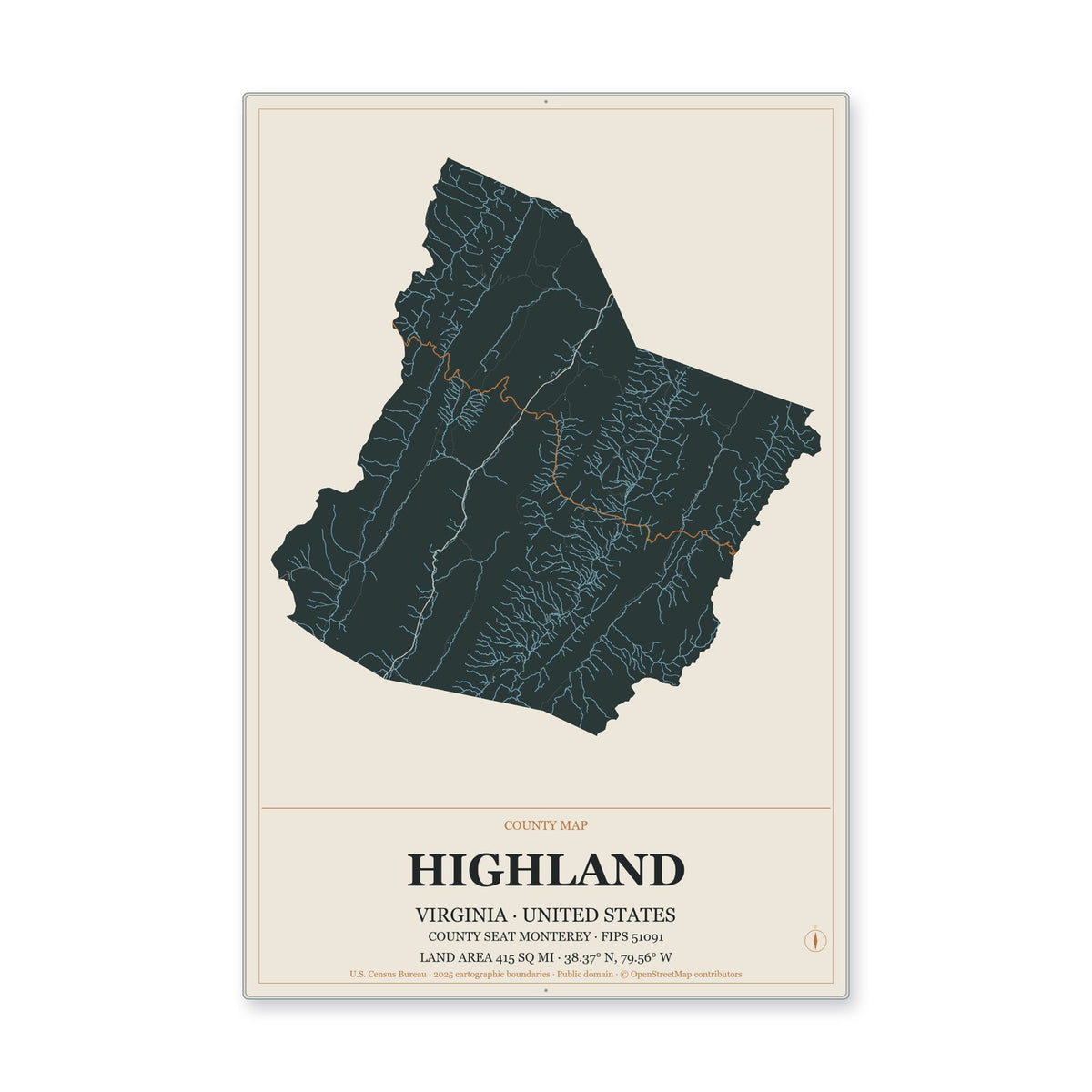 Highland County, Virginia Map Aluminum Sign in Headline Atlas style