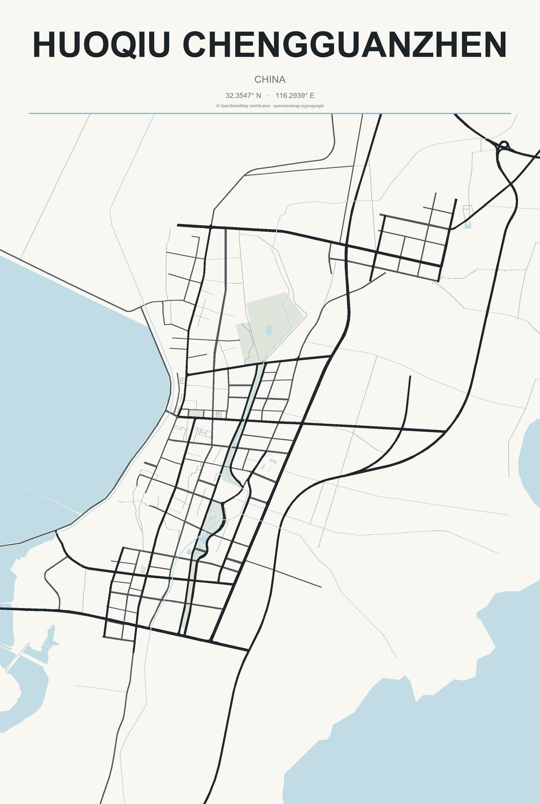 Huoqiu Chengguanzhen, China City Map Aluminum Sign in Headline Atlas style