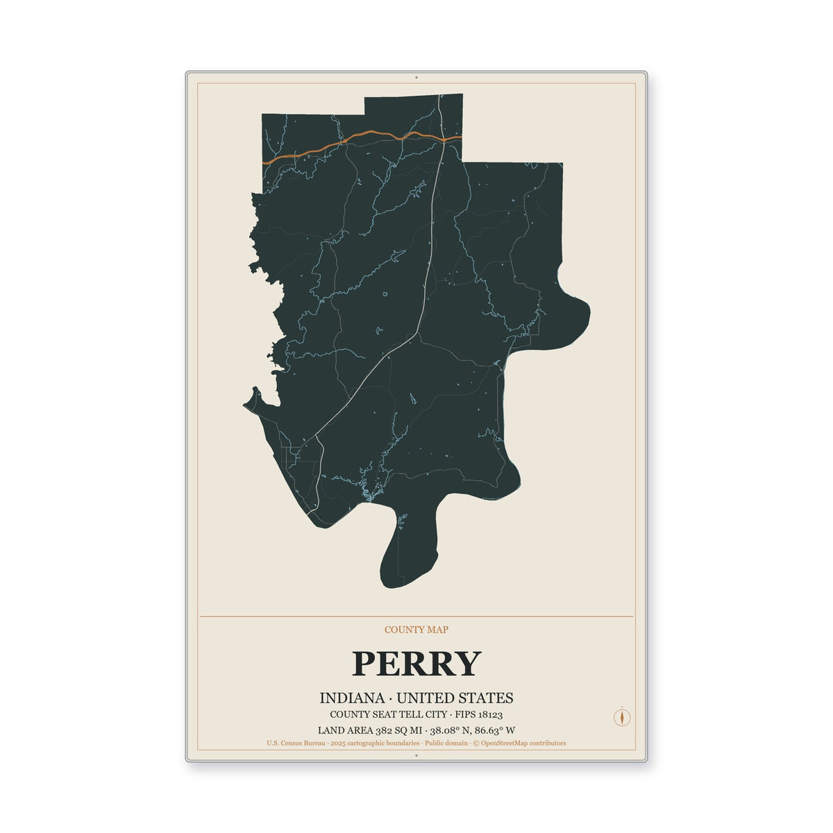Perry County, Indiana Map Aluminum Sign in Headline Atlas style