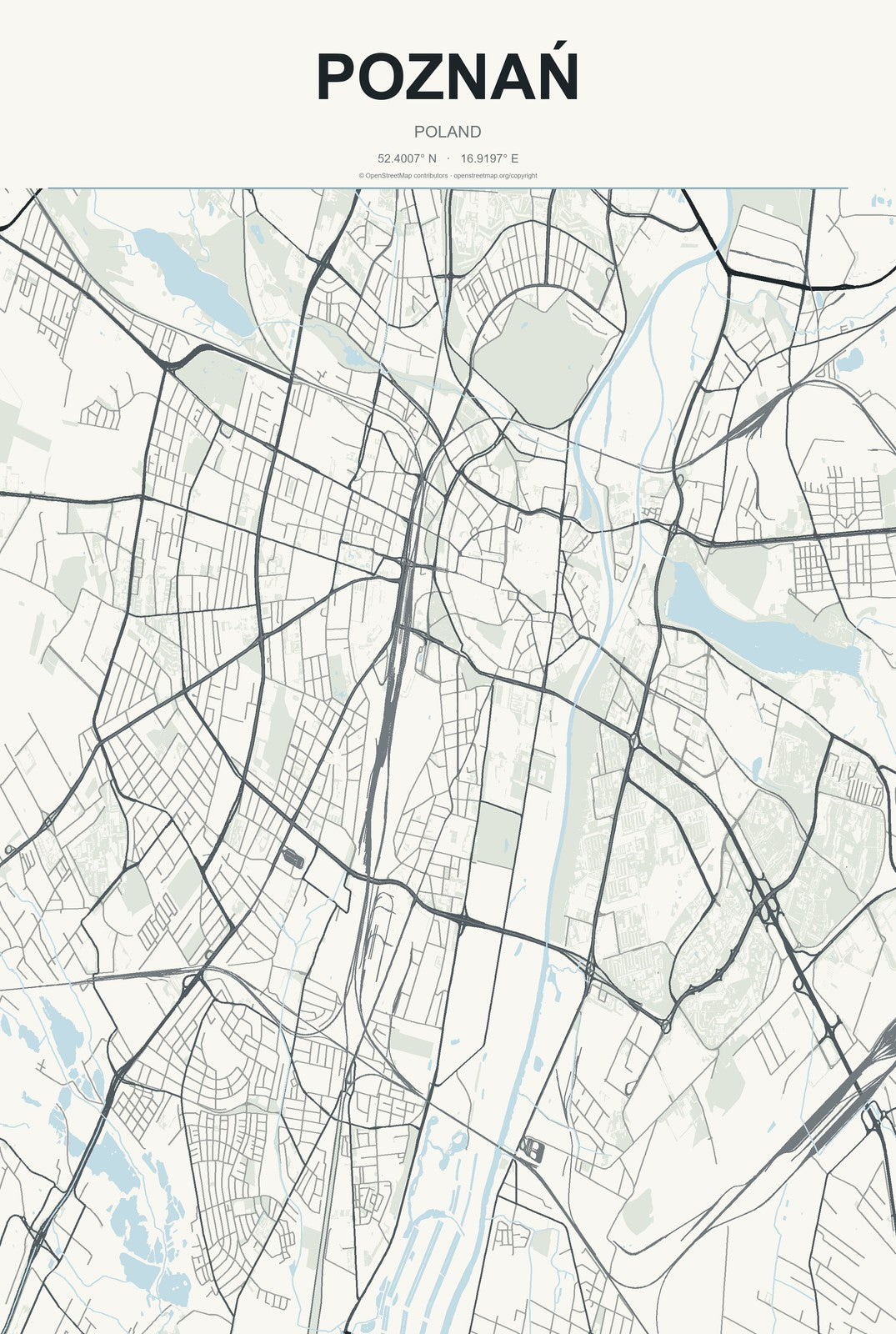 Poznań, Poland City Map Aluminum Sign in Headline Atlas style