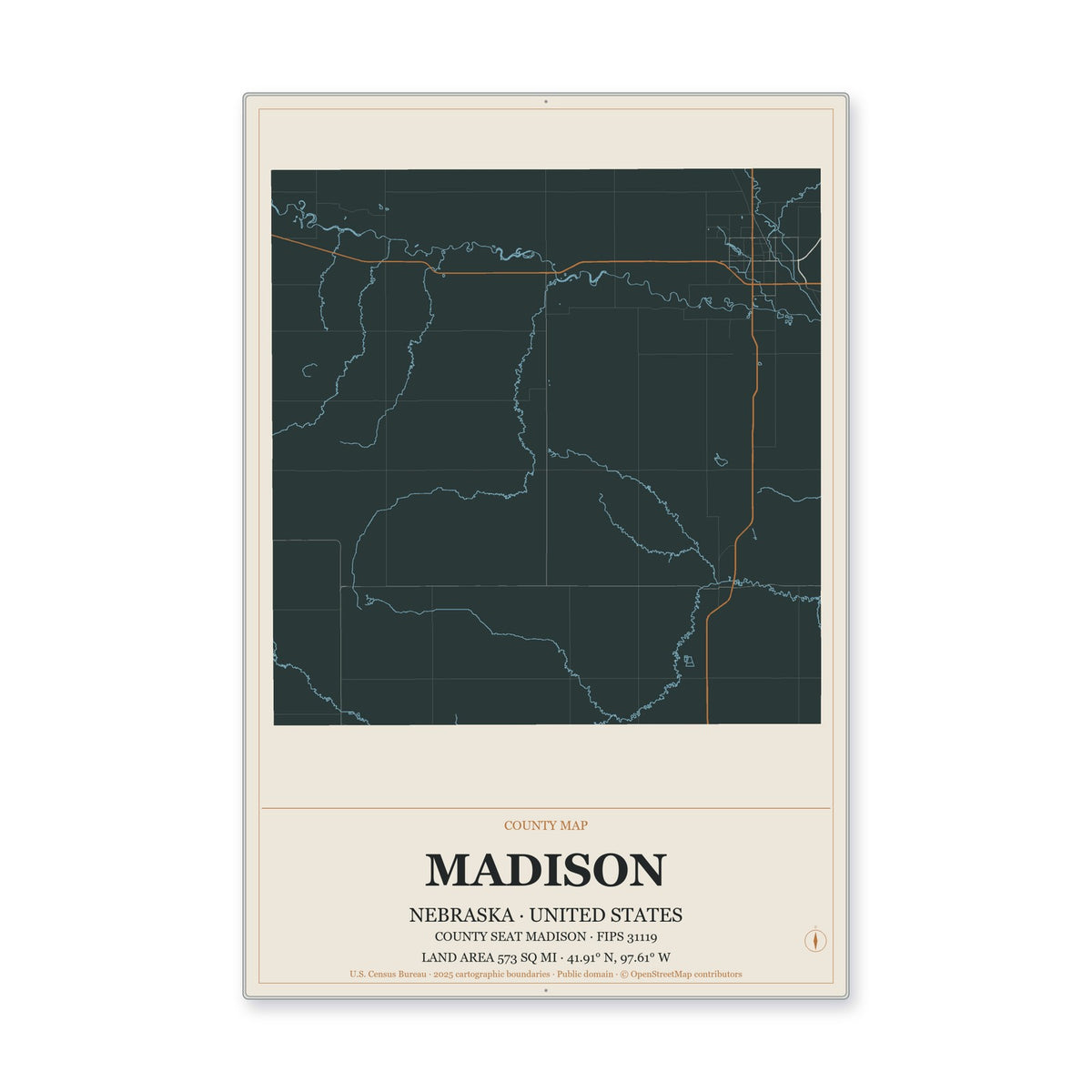 Madison County, Nebraska Map Aluminum Sign in Headline Atlas style