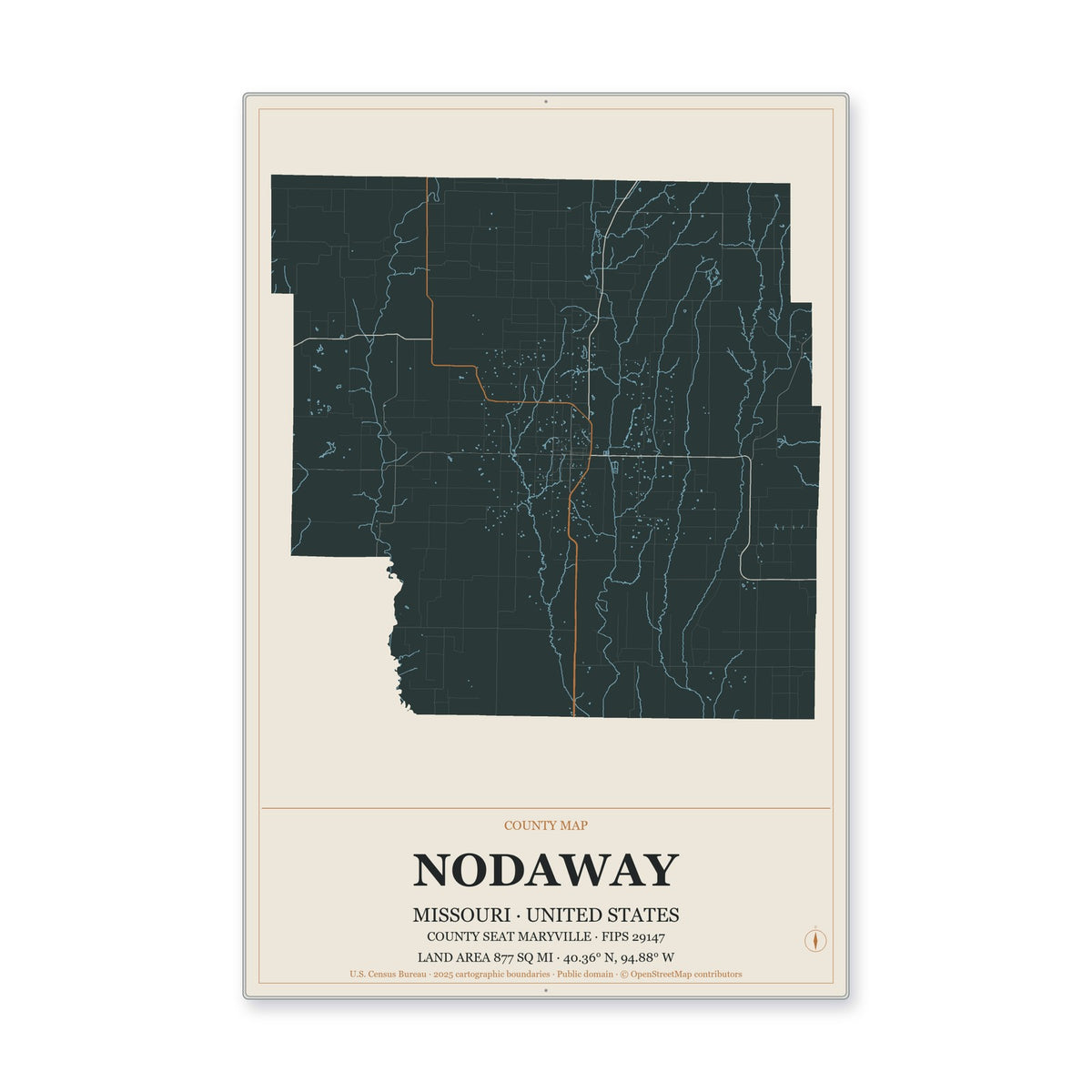 Nodaway County, Missouri Map Aluminum Sign in Headline Atlas style