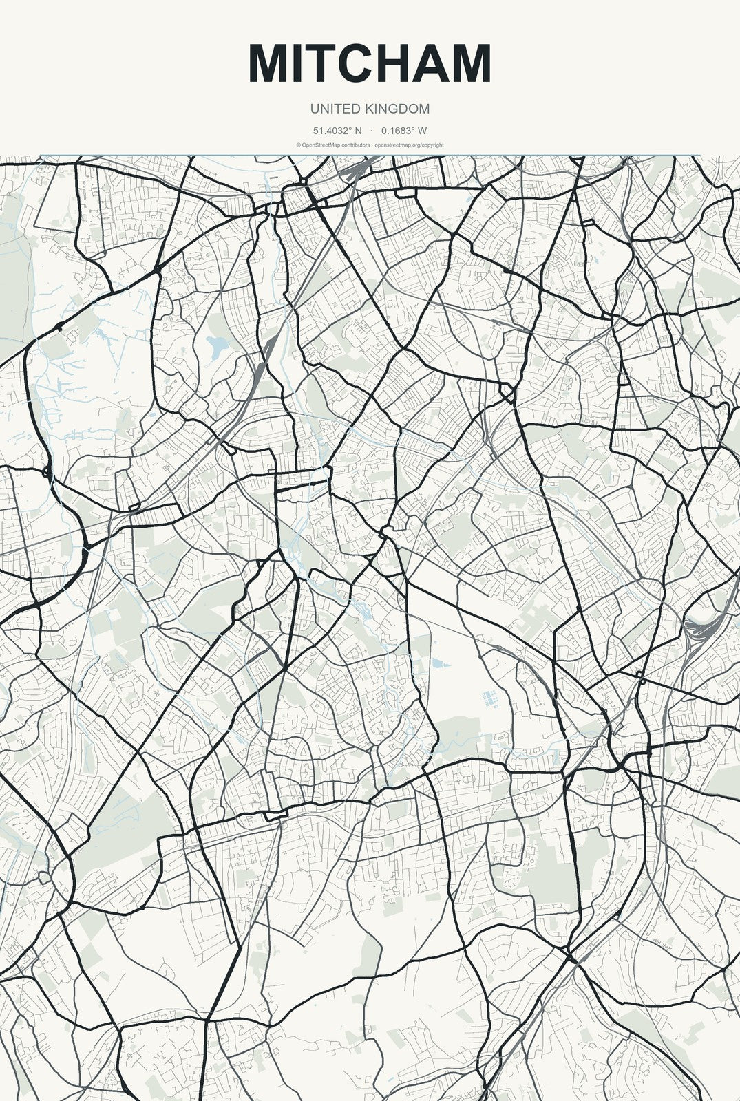 Mitcham, United Kingdom City Map Aluminum Sign in Headline Atlas style