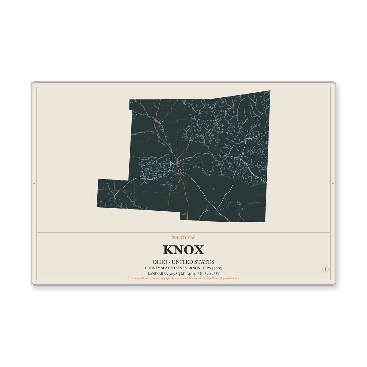 Knox County, Ohio Map Aluminum Sign in Headline Atlas style