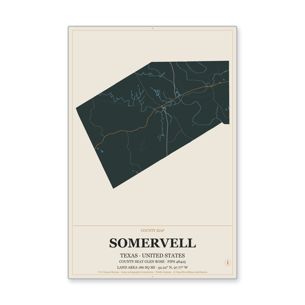 Somervell County, Texas Map Aluminum Sign in Headline Atlas style