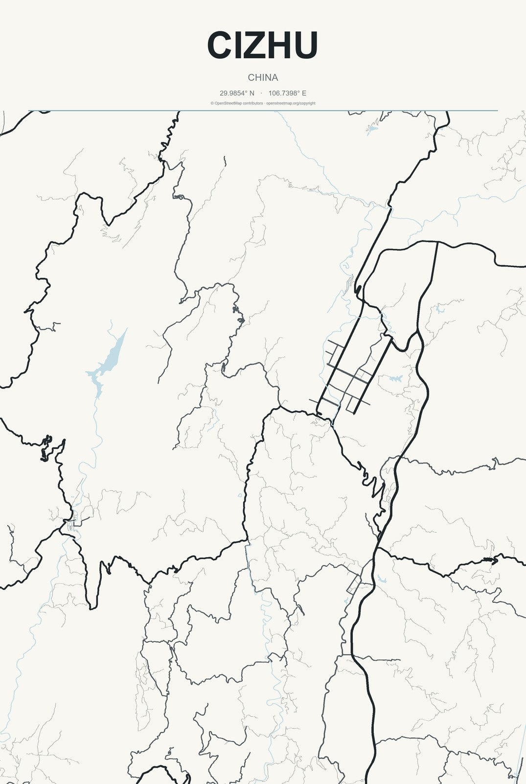 Cizhu, China City Map Aluminum Sign in Headline Atlas style