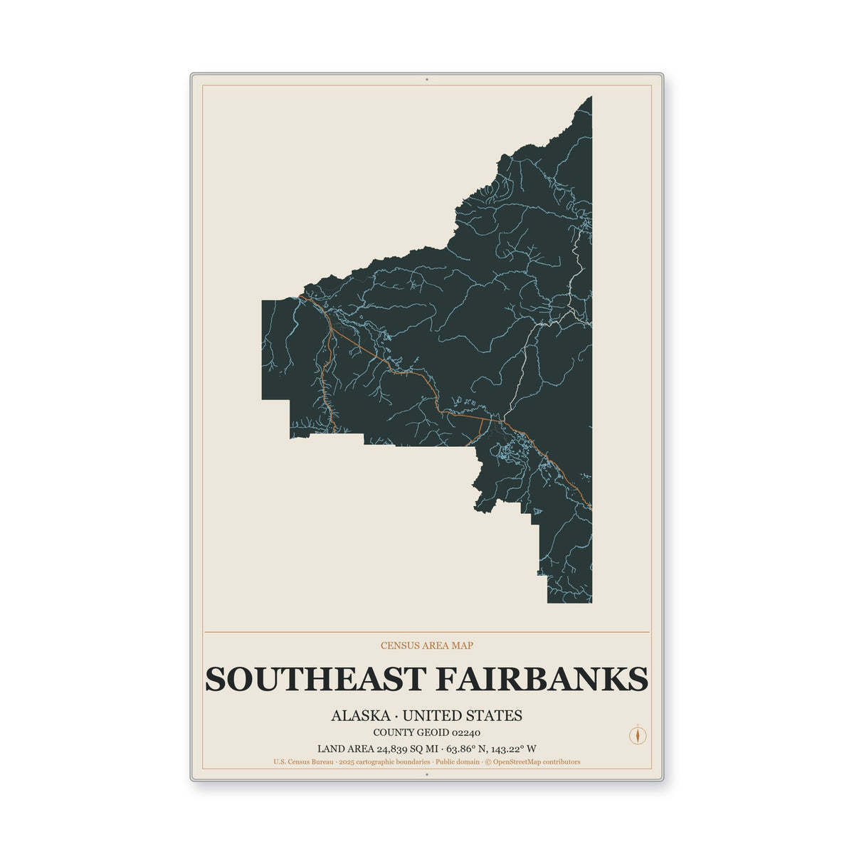 Southeast Fairbanks Census Area, Alaska Map Aluminum Sign in Headline Atlas style