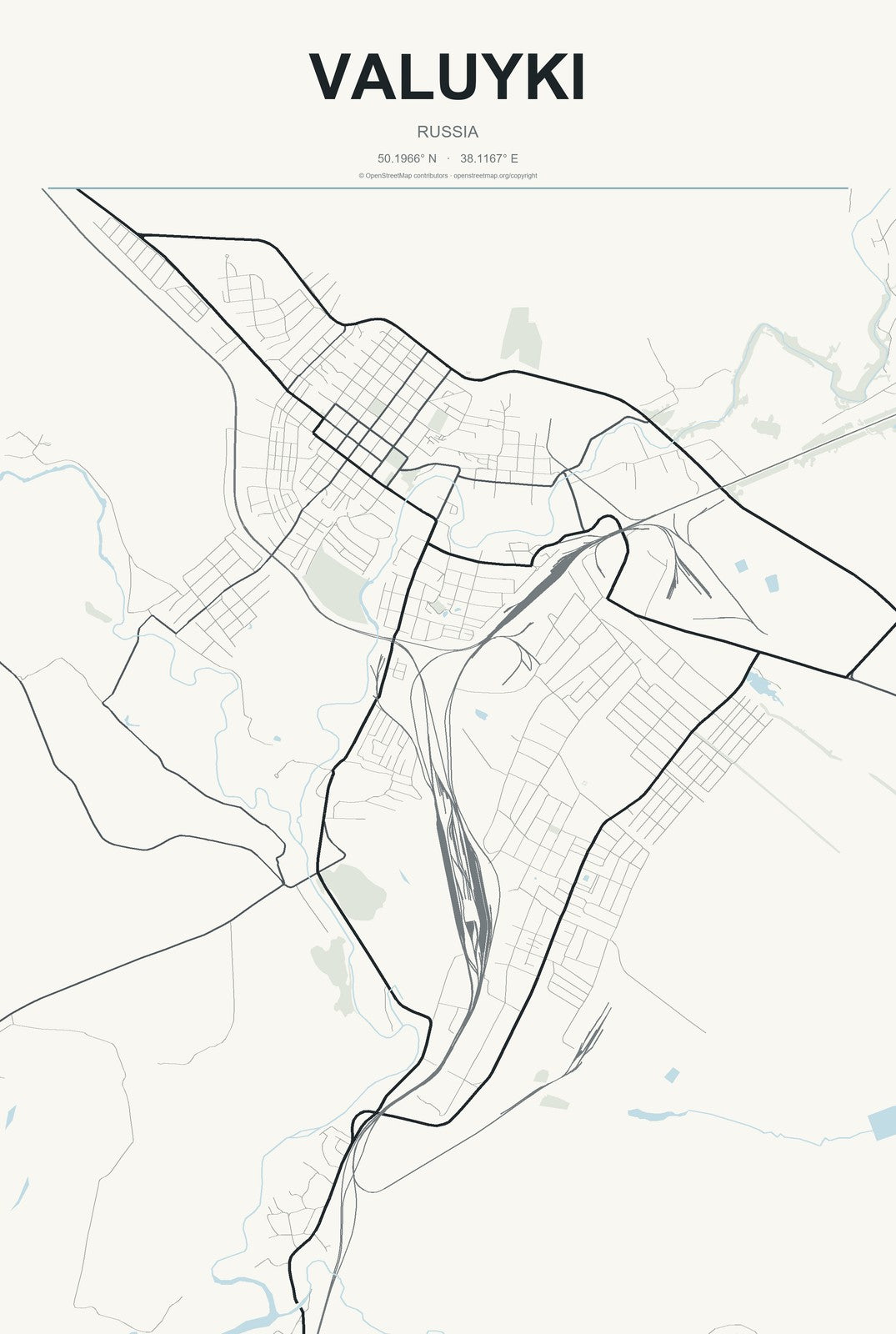 Valuyki, Russia City Map Aluminum Sign in Headline Atlas style