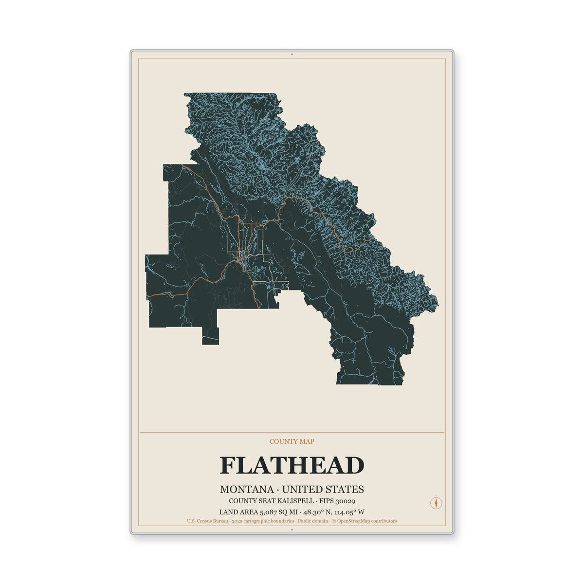 Flathead County, Montana Map Aluminum Sign in Headline Atlas style