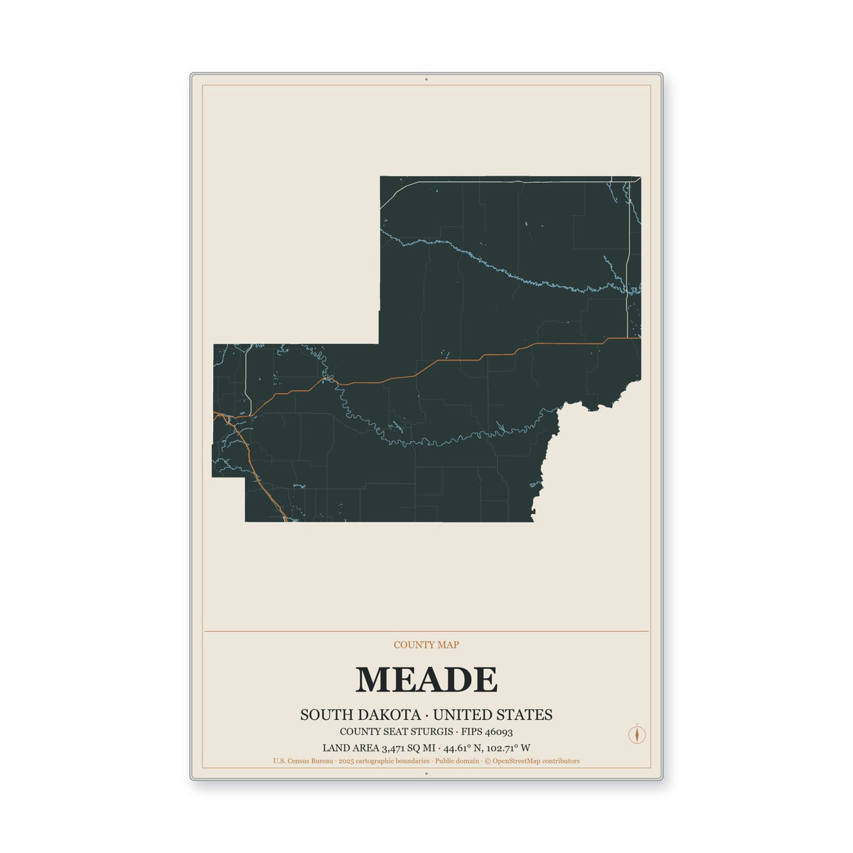 Meade County, South Dakota Map Aluminum Sign in Headline Atlas style