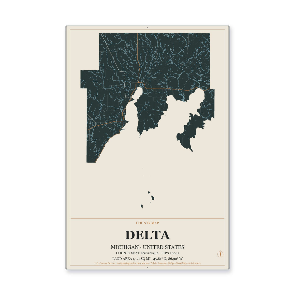 Delta County, Michigan Map Aluminum Sign in Headline Atlas style