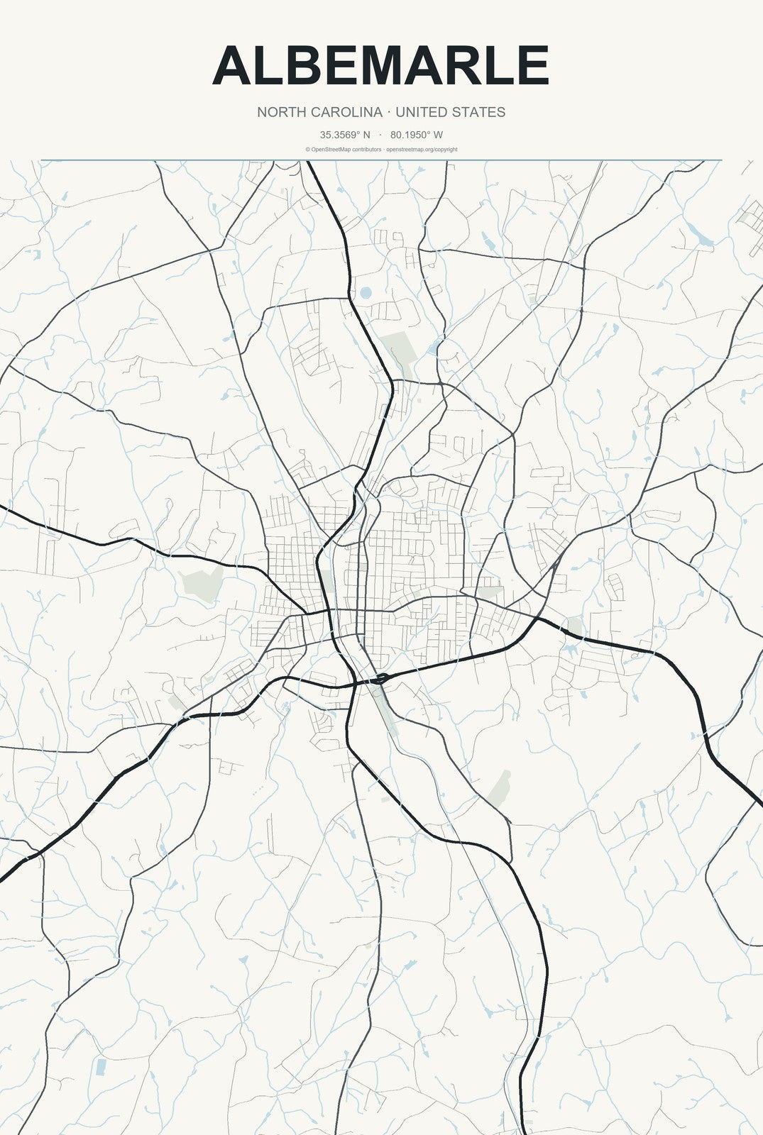 Albemarle, North Carolina City Map Aluminum Sign in Headline Atlas style