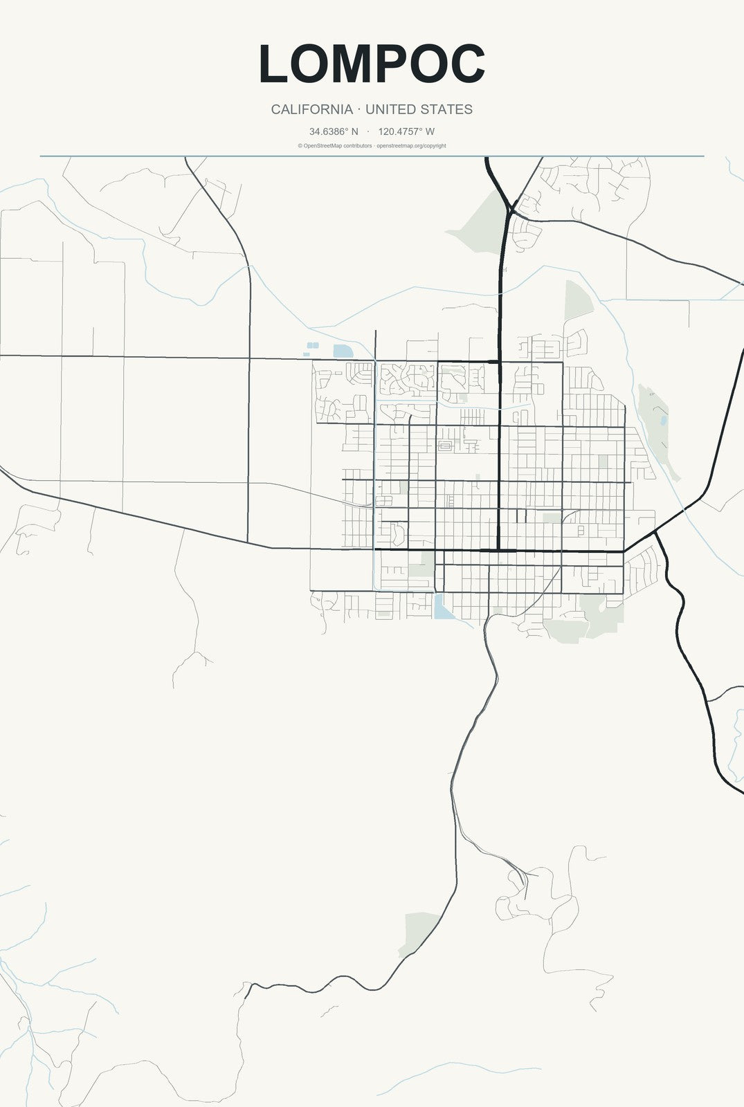 Lompoc, California City Map Aluminum Sign in Headline Atlas style