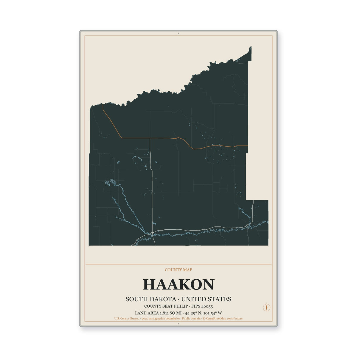 Haakon County, South Dakota Map Aluminum Sign in Headline Atlas style