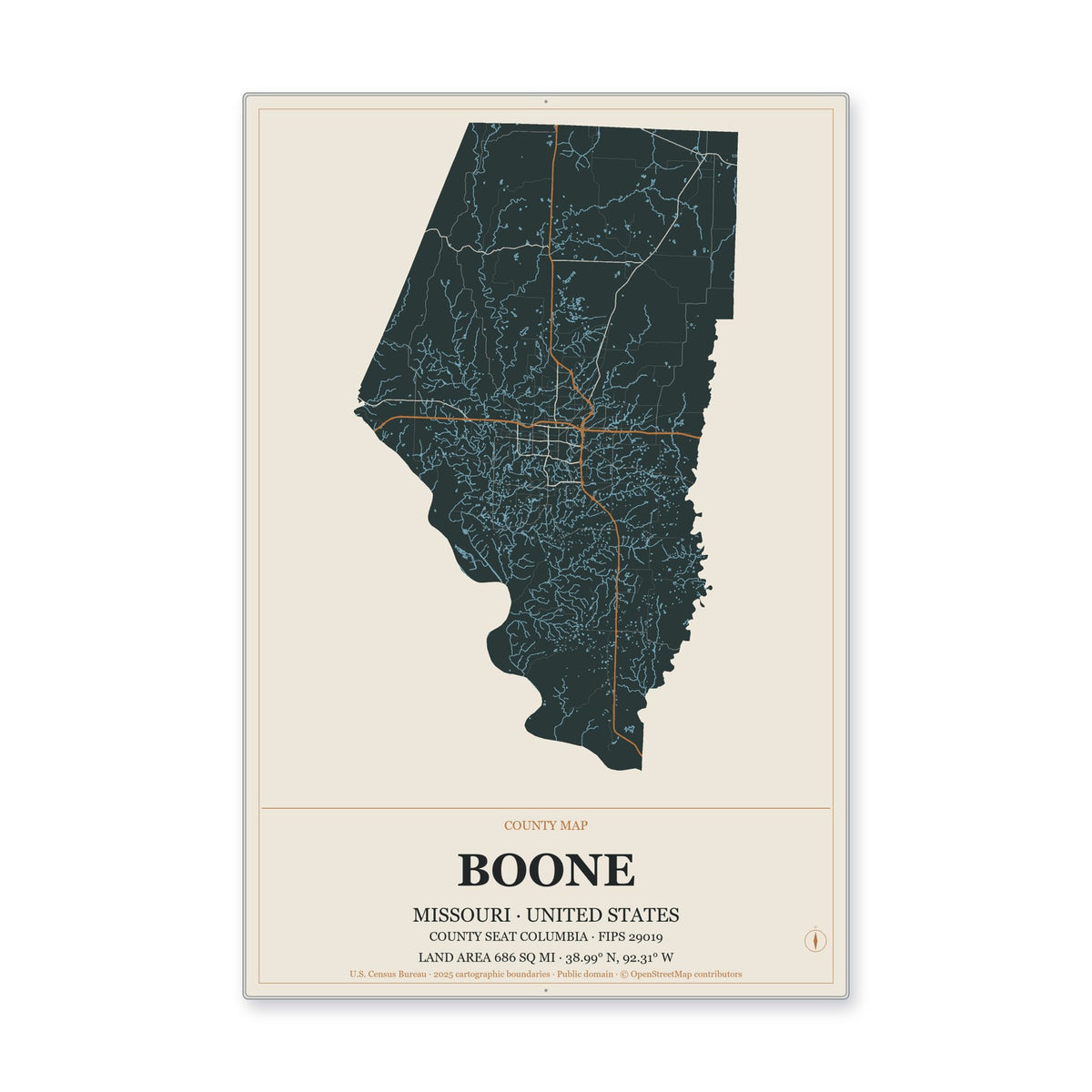 Boone County, Missouri Map Aluminum Sign in Headline Atlas style