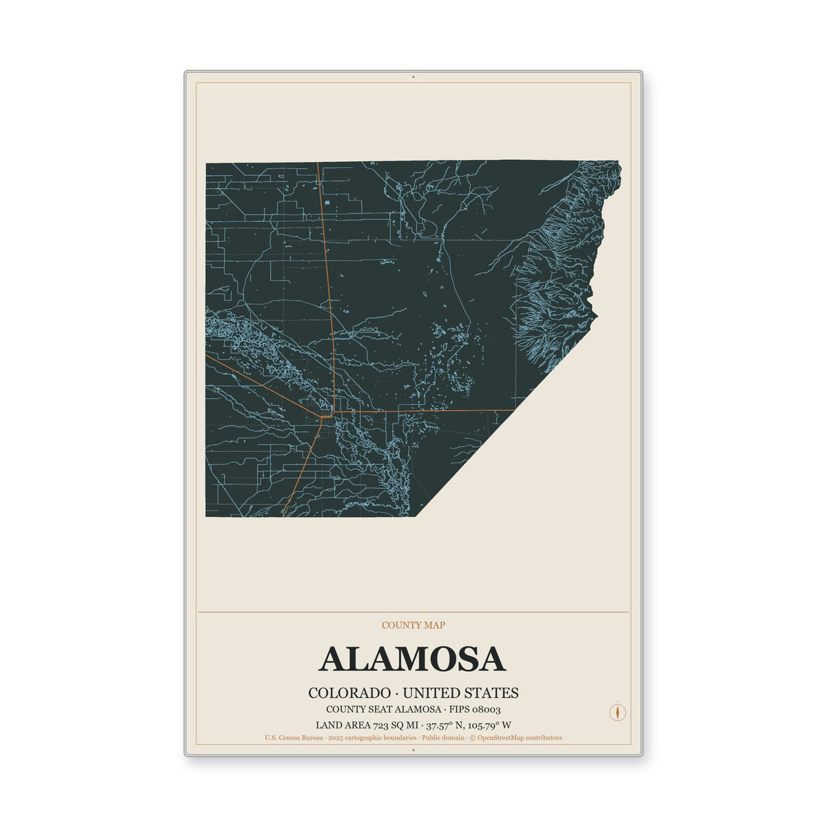 Alamosa County, Colorado Map Aluminum Sign in Headline Atlas style