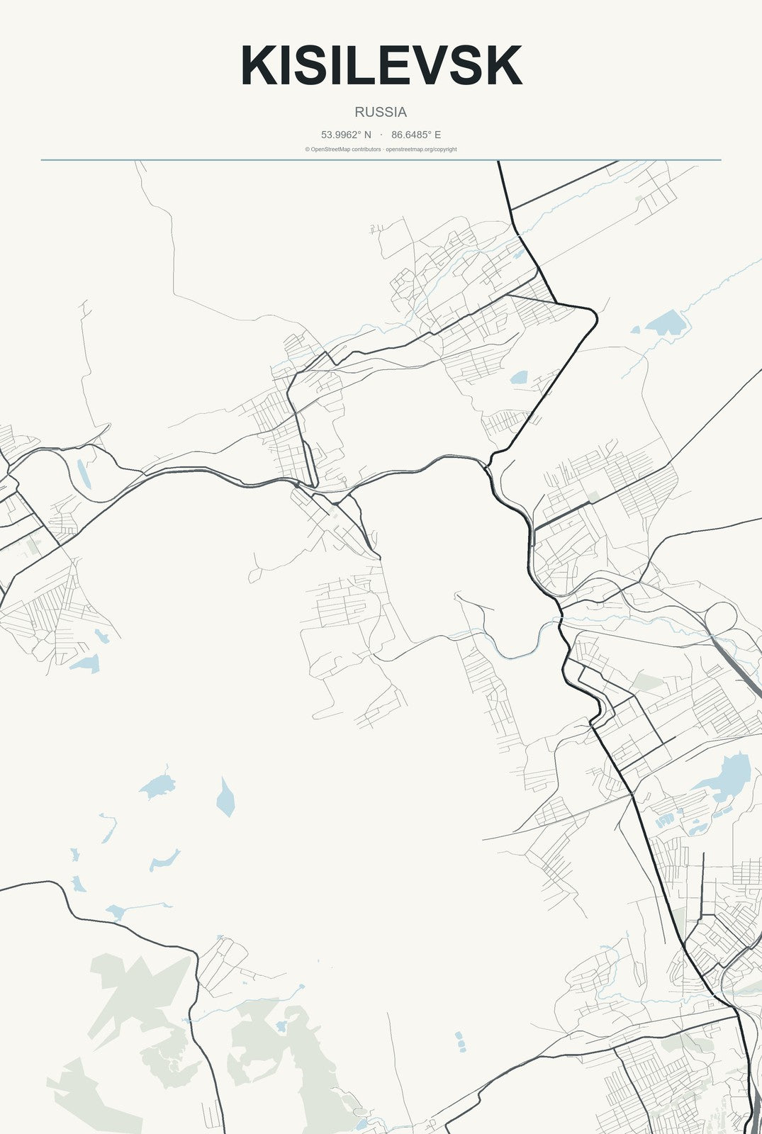 Kisilevsk, Russia City Map Aluminum Sign in Headline Atlas style