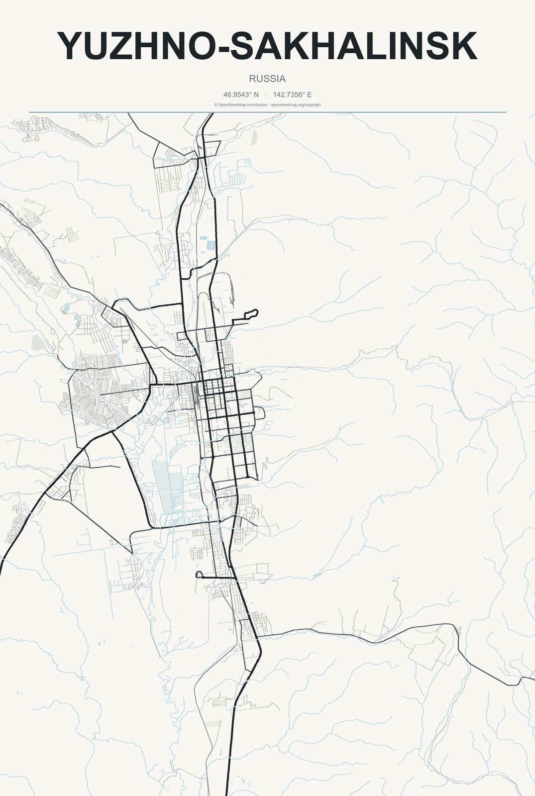 Yuzhno-Sakhalinsk, Russia City Map Aluminum Sign in Headline Atlas style