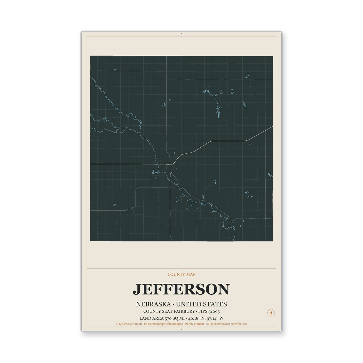 Jefferson County, Nebraska Map Aluminum Sign in Headline Atlas style