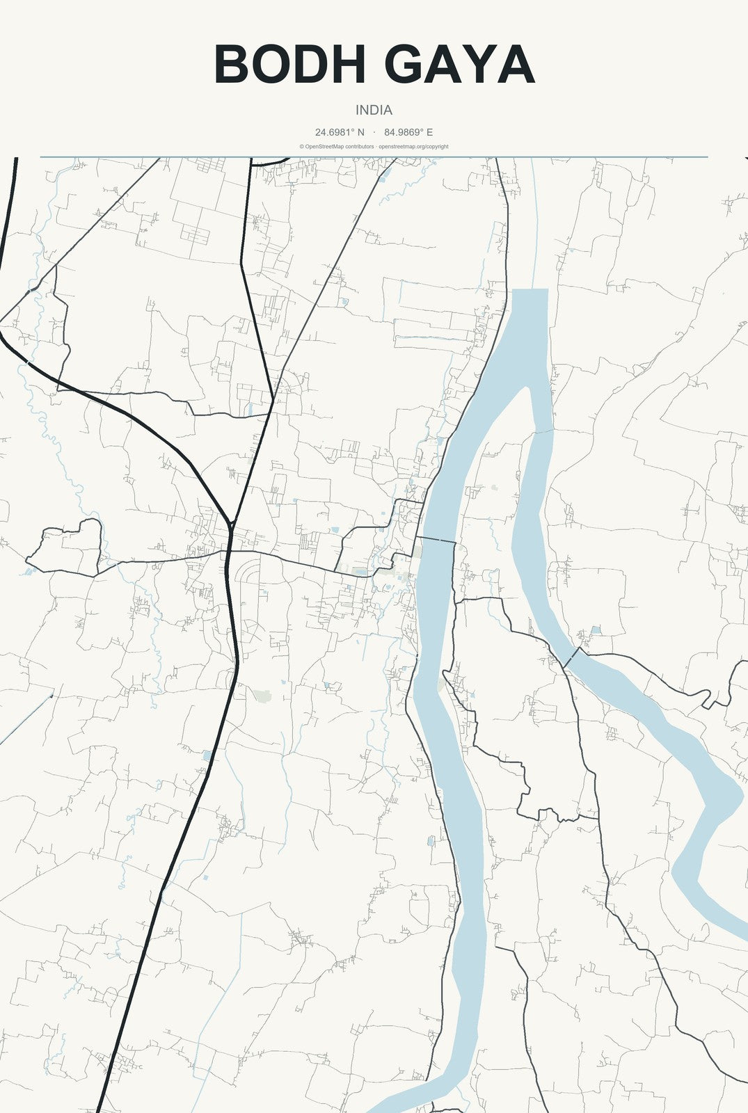 Bodh Gaya, India City Map Aluminum Sign in Headline Atlas style