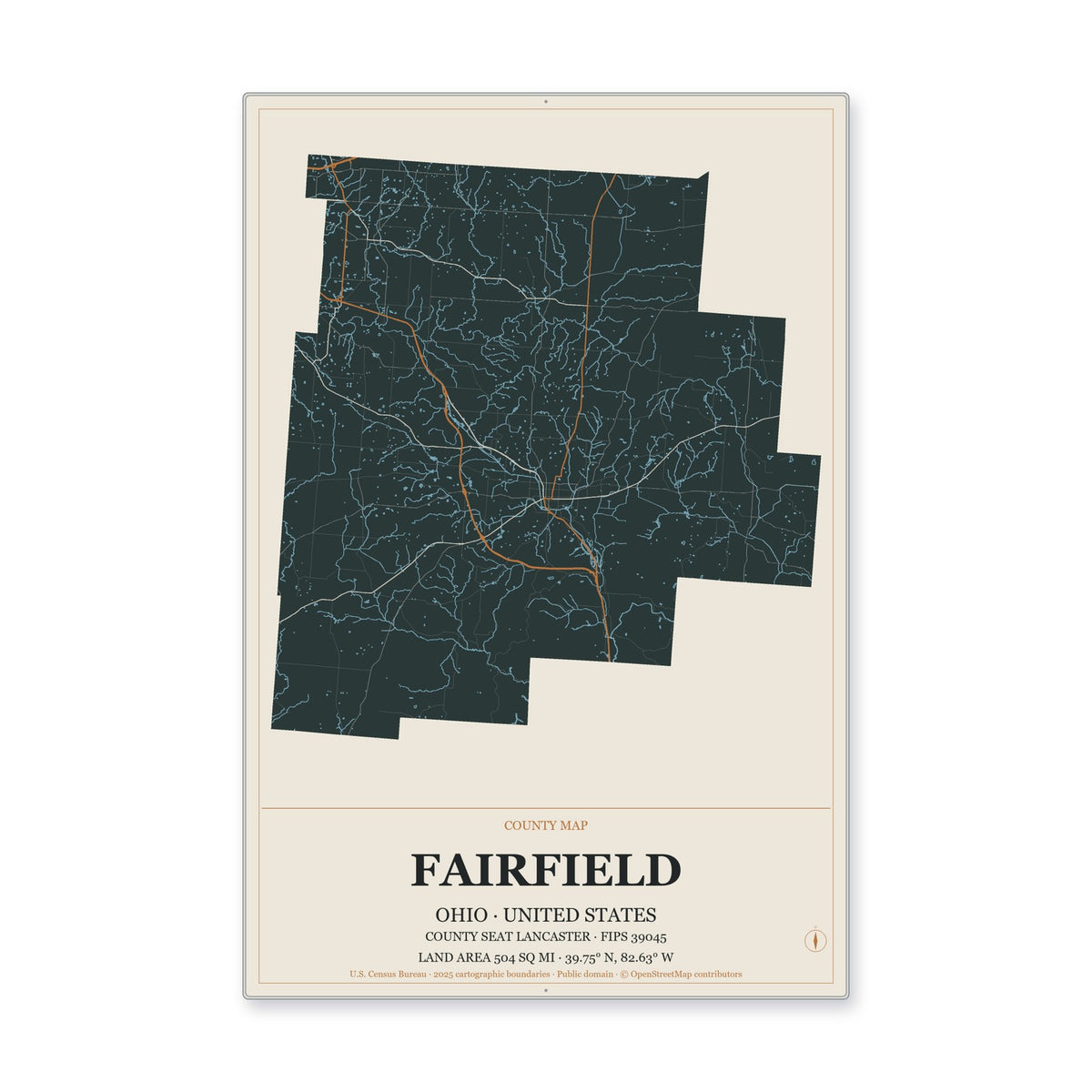 Fairfield County, Ohio Map Aluminum Sign in Headline Atlas style