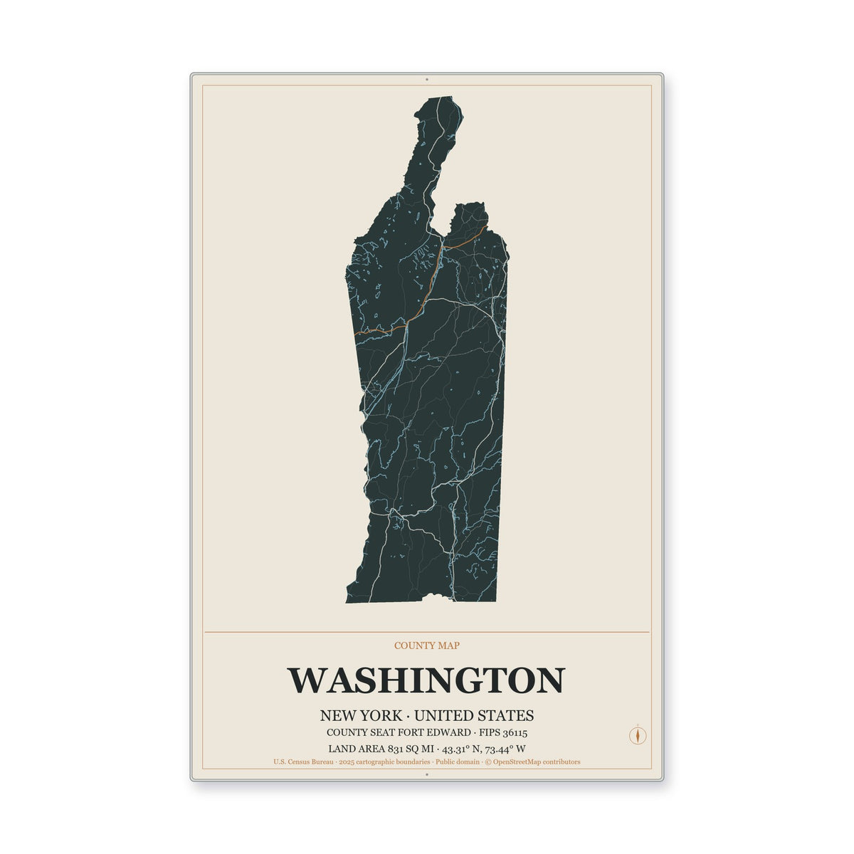 Washington County, New York Map Aluminum Sign in Headline Atlas style