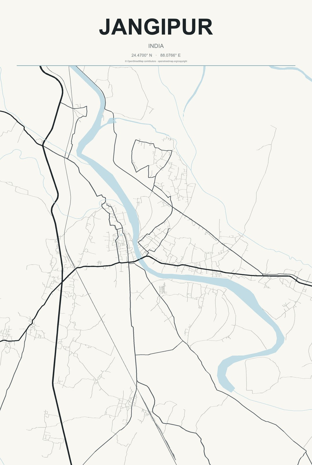Jangipur, India City Map Aluminum Sign in Headline Atlas style