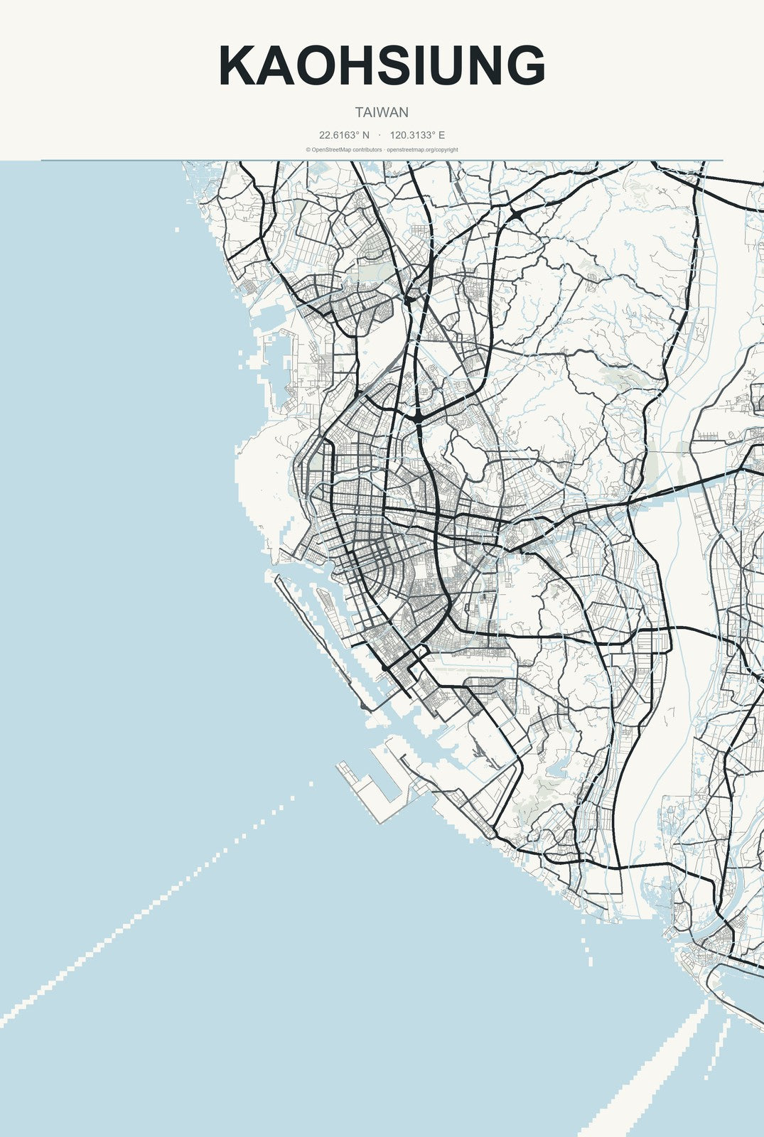 Kaohsiung, Taiwan City Map Aluminum Sign in Headline Atlas style