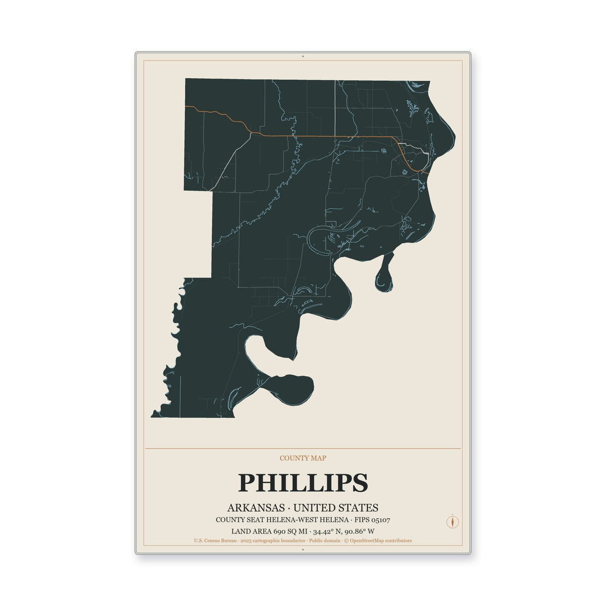 Phillips County, Arkansas Map Aluminum Sign in Headline Atlas style