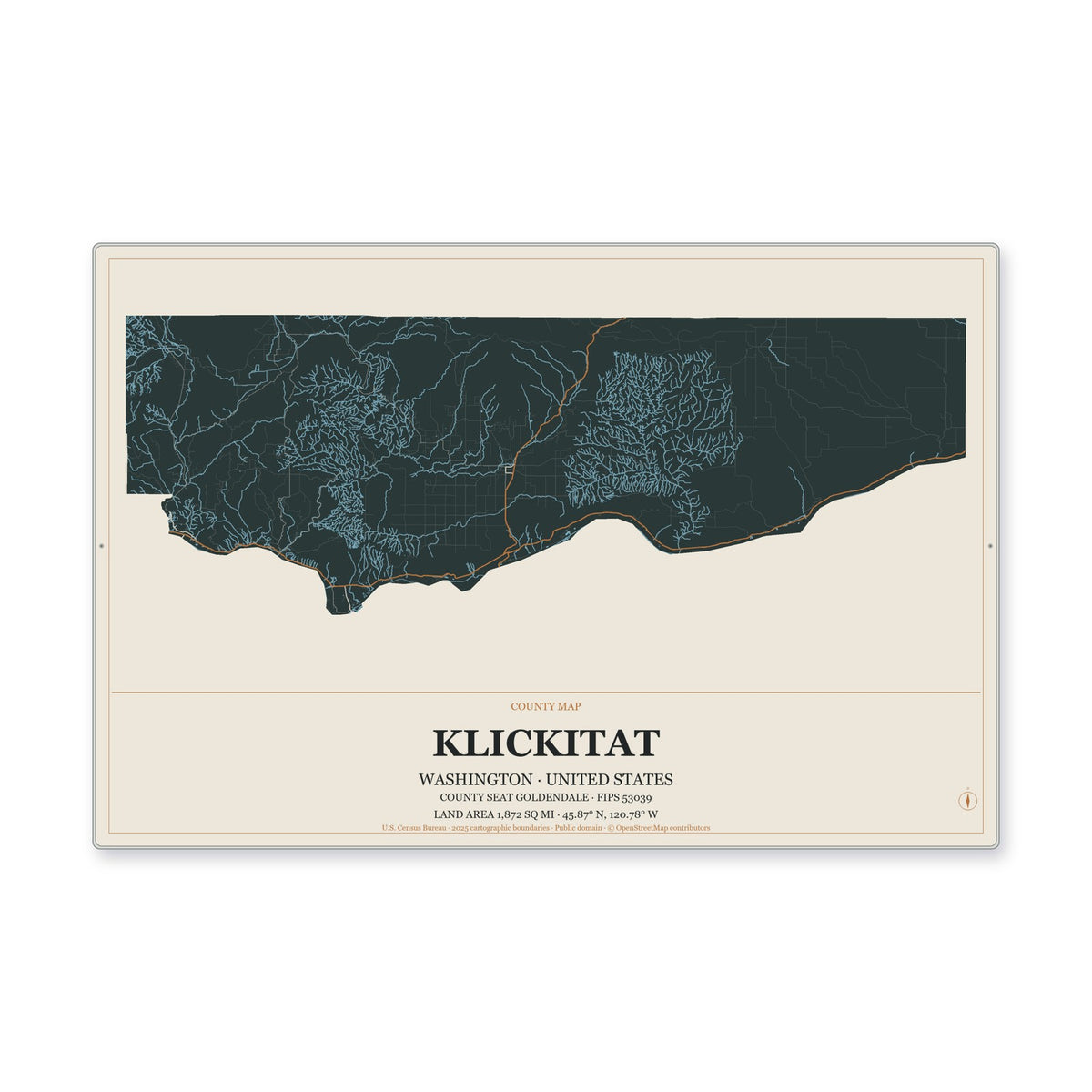 Klickitat County, Washington Map Aluminum Sign in Headline Atlas style